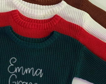 Personalized baby Toddler Embroidered big baby name sweater, modern chain stitch font, dark green, brown, red or white, baby sweater