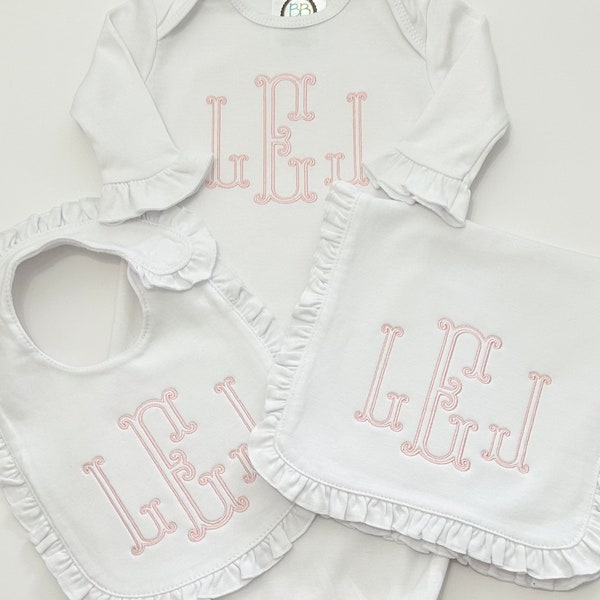 Beautiful baby girl’s embroidered personalized monogrammed ruffle coming home outfit, monogrammed bib, burp, newborn 3 pc layette set