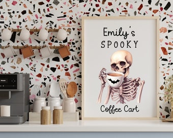Personalized Skeleton Coffee cart wall art print, Skeleton Coffee wall art with name, vintage Halloween art, Skeleton wall art print
