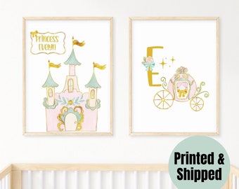Personalized Princess wall art set of 2 prints, Princess nursery wall art prints with name, princess nursery wall decor, baby shower gift