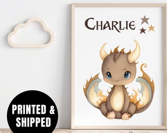 Personalized dragon nursery wall art print, custom dragon nursery art print with name, kids personalized dragon wall art print, dragon art