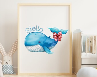 May include: A watercolor illustration of a blue whale with a red and white bow on its tail fin. The whale is swimming to the right and the text "Stella" is written above it.