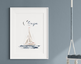 Personalized Sailboat wall art print, Boat wall art print, nursery name sign, baby name sign, Sailboat art print, sailboat art, boat art