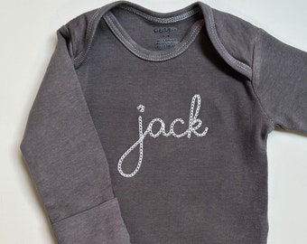 Hand Dyed Dark gray baby bodysuit, embroidered ONESIES® brand bodysuits, Chain Stitch font, personalized baby name bodysuit, gray bodysuit