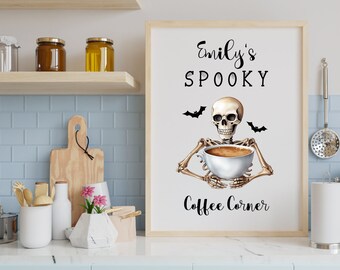 Personalized Skeleton Coffee corner wall art print, Skeleton Coffee wall art with name, vintage Halloween art, Skeleton wall art print