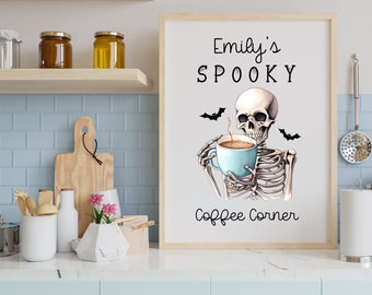 Personalized Skeleton Coffee corner wall art print, Skeleton Coffee wall art with name, vintage Halloween art, Skeleton wall art print