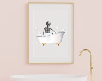 Skeleton in a Bathtub wall art print, Vintage Halloween Bathroom wall art, bathroom art, Spooky Wall art, bathing skeleton wall art print