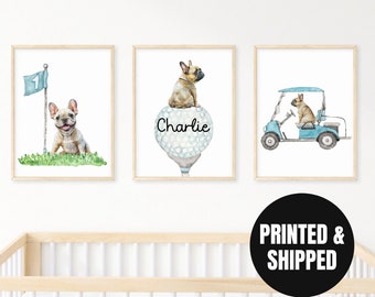 Personalized French Bulldog Golf wall art set of 3 prints, golf art prints, nursery name sign, French Bulldog wall art, dog wall art prints