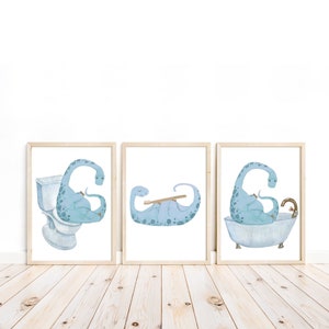 Denim Blue Dinosaur Bathroom wall art set of 3 prints, Kids Bathroom art prints, Dinosaur wall art, bathtub wall art, toothbrush wall art
