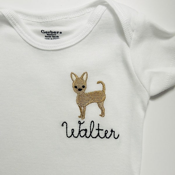Personalisierter gestickter Chihuahua-Welpenhund-Babybody, Baby-Chihuahua-Bodys der Marke ONESIES®, personalisierte Chihuahua-Babybodys