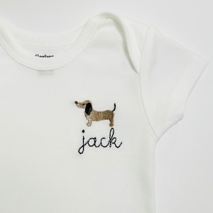 Personalized Embroidered Dachshund puppy dog baby ONESIES® brand baby bodysuits, personalized Dachshund bodysuit, baby name bodysuit