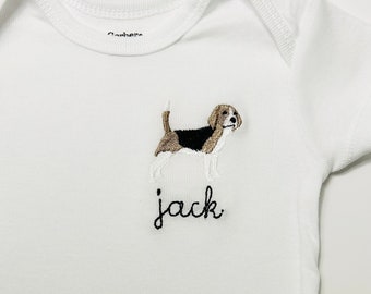 Personalized Embroidered beagle ONESIES® brand baby bodysuits, personalized beagle baby bodysuit, baby name bodysuit, BEAGLE dog bodysuit