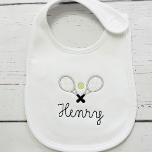 Embroidered personalized tennis baby bib, embroidered baby bib, personalized bib, embroidered bib, bib with name,  tennis racket bib