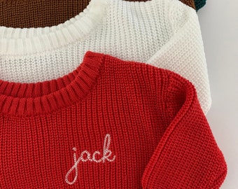 Personalized baby Toddler Embroidered name sweater, baby toddler gift, custom baby name sweater red green white or brown, chain stitch font