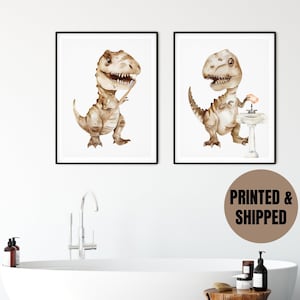 Tan T-Rex dinosaur bathroom wall art set of 2 prints, dinosaur wall art prints, kids bathroom wall art, brush your teeth, wash your hands