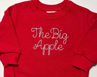 The Big Apple embroidered red baby sweatshirt bubble romper, New York baby bubble romper, Big Apple baby sweatshirt, New York baby gift, NYC