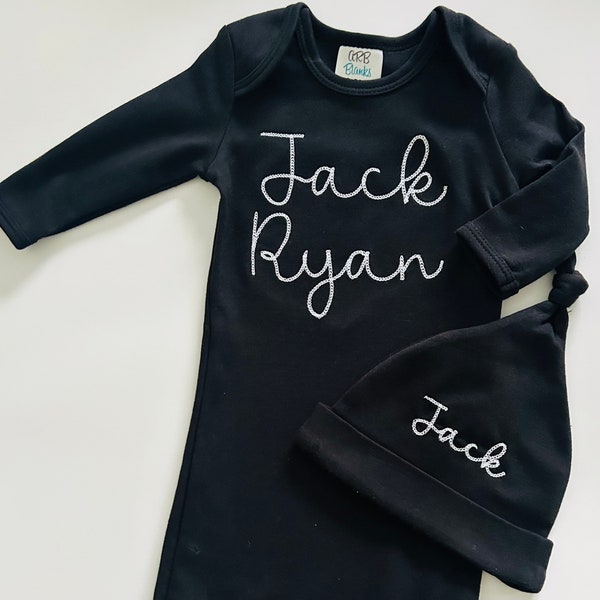 Embroidered personalized black baby gown and knot hat set, black and white baby gown and cap, embroidered baby gown, Layette set, baby hat