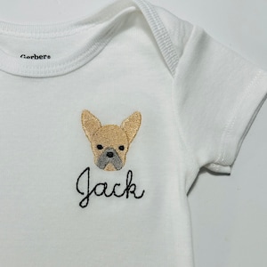 Personalized Embroidered French Bulldog baby bodysuit, Frenchie baby bodysuit, baby dog , personalized baby bodysuit, vintage font