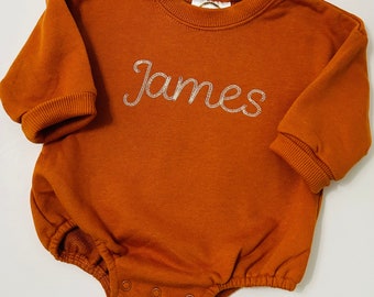 Embroidered oversized sweatshirt romper, personalized sweatshirt romper, baby sweatshirt bubble, baby bubble romper, baby name bubble romper