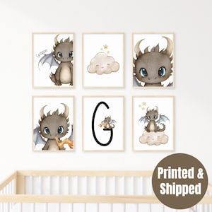 Personalized Dragon wall art set of 6 prints, Dragon wall art prints with name, kids wall art, nursery wall art, Dragon nursery decor