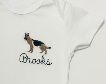 Personalized Embroidered German Shepherd baby bodysuit, German Shepherd ONESIES® brand baby bodysuits, personalized dog bodysuit for baby