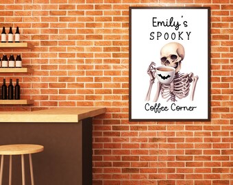 Personalized Skeleton Coffee corner wall art print, Skeleton Coffee wall art with name, vintage Halloween art, Skeleton wall art print