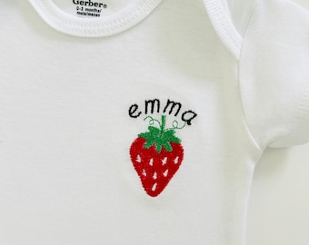 Custom Embroidered Strawberry ONESIES® Brand baby bodysuit, Personalized strawberry baby bodysuit, custom baby gift, baby name