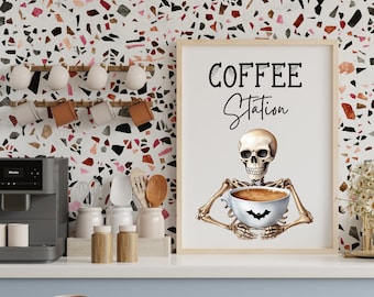 Personalized Skeleton Coffee station sign, Skeleton Coffee wall art with name, vintage Halloween art, Skeleton wall art print, kitchen art