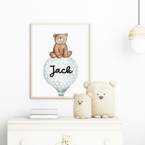 Personalized Woodland Bear on a Golf ball wall art print, kids golf wall art print, nursery name sign, baby name sign, printed and shipped