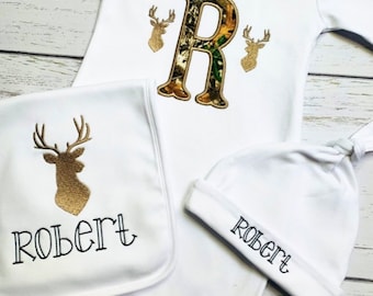 Baby Boy’s 3pc personalized embroidered Deer Hunting coming home outfit, newborn camouflage Deer coming home set, newborn gown,  baby bib