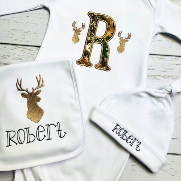 Baby Boy’s 3pc personalized embroidered Deer Hunting coming home outfit, newborn camouflage Deer coming home set, newborn gown,  baby bib