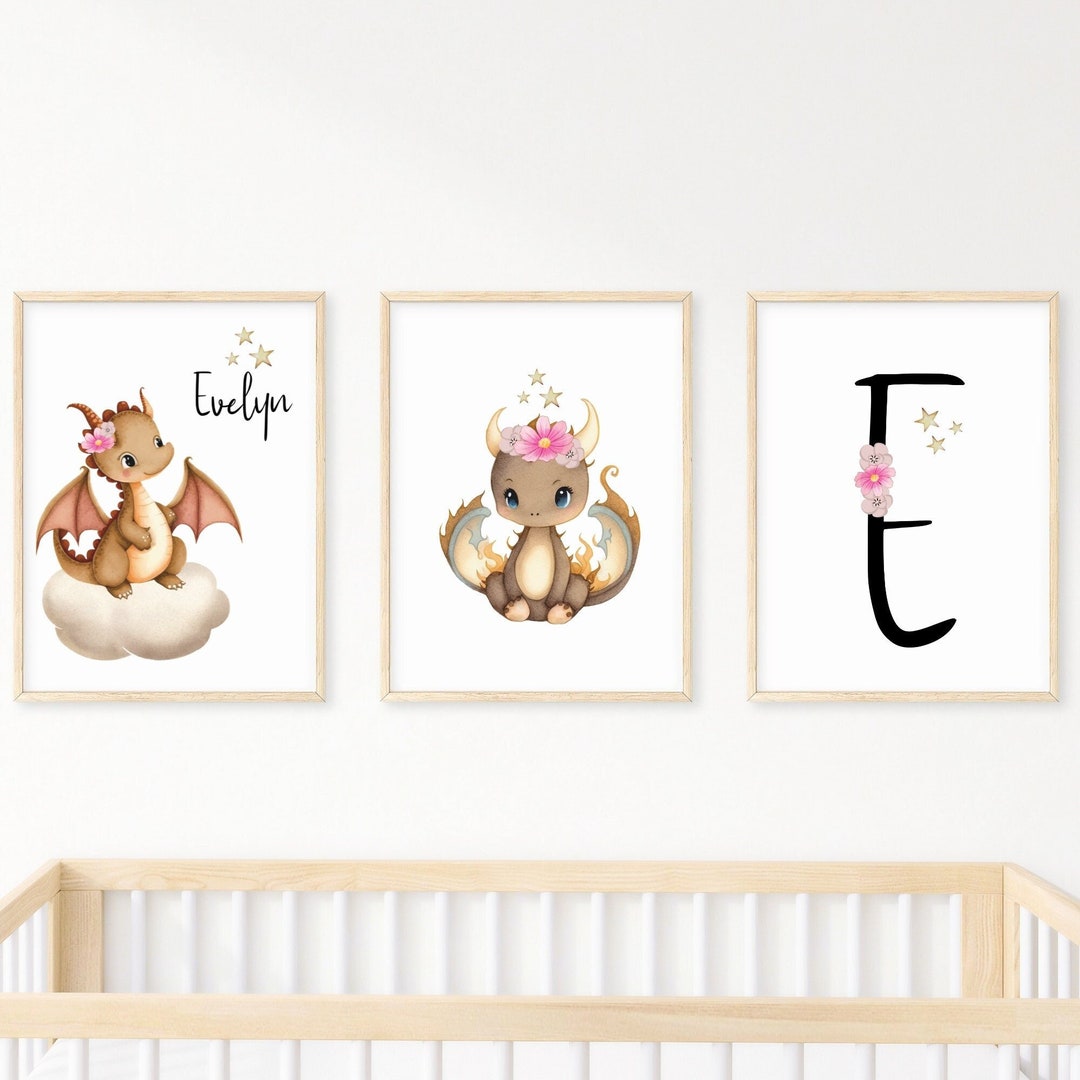 Personalized Floral Dragon Watercolor Wall Art Set of 3 Prints ...