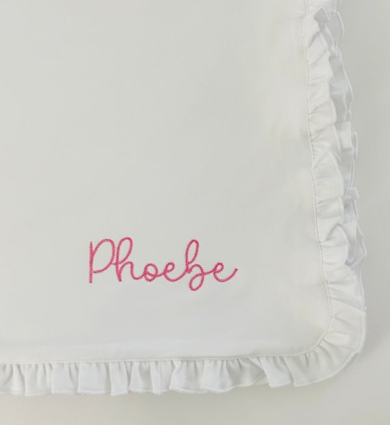 Personalized White Ruffle Baby Blanket Embroidered Baby Blanket Personalized Baby Blanket With Name 30x30 Chain Stitch Script Font Etsy Canada