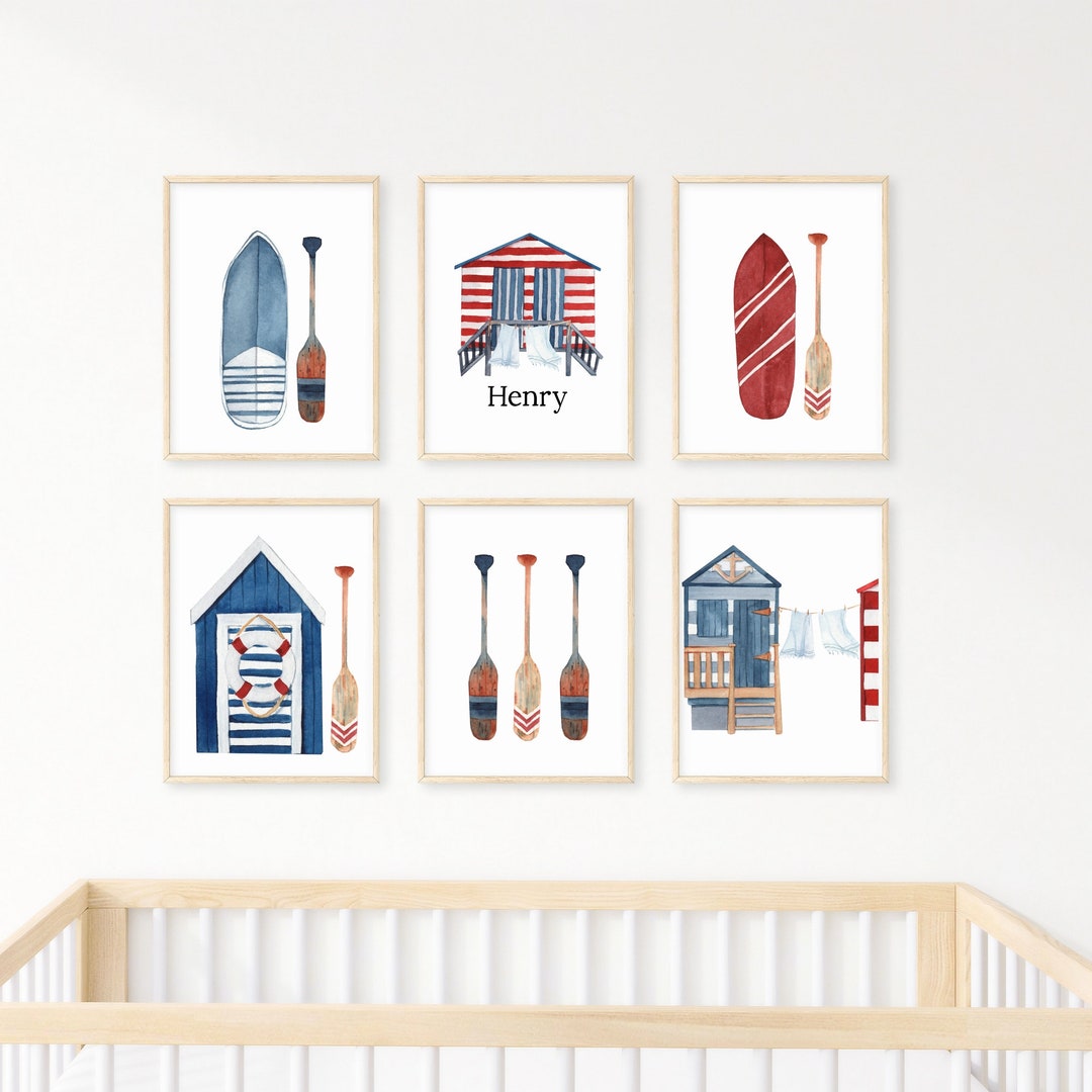 Personalized Beach Hut Wall Art Set of 6 Prints Surf Board Etsy