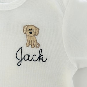 Personalized Embroidered Golden Doodle puppy dog baby bodysuit, baby golden doodle ONESIES® brand bodysuits, personalized labradoodle baby