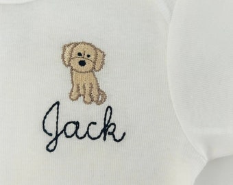 Personalized Embroidered Golden Doodle puppy dog baby bodysuit, baby golden doodle ONESIES® brand bodysuits, personalized labradoodle baby