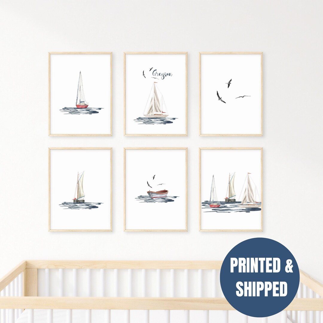 Personalized Sailboat Wall Art Set of 6 Prints, Sailboat Nursery Wall ...