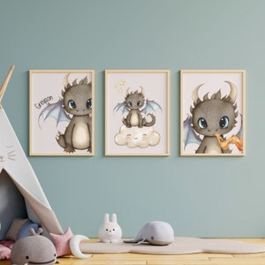 Personalized Cute Dragon Watercolor Wall Art Set of 3 Prints ...