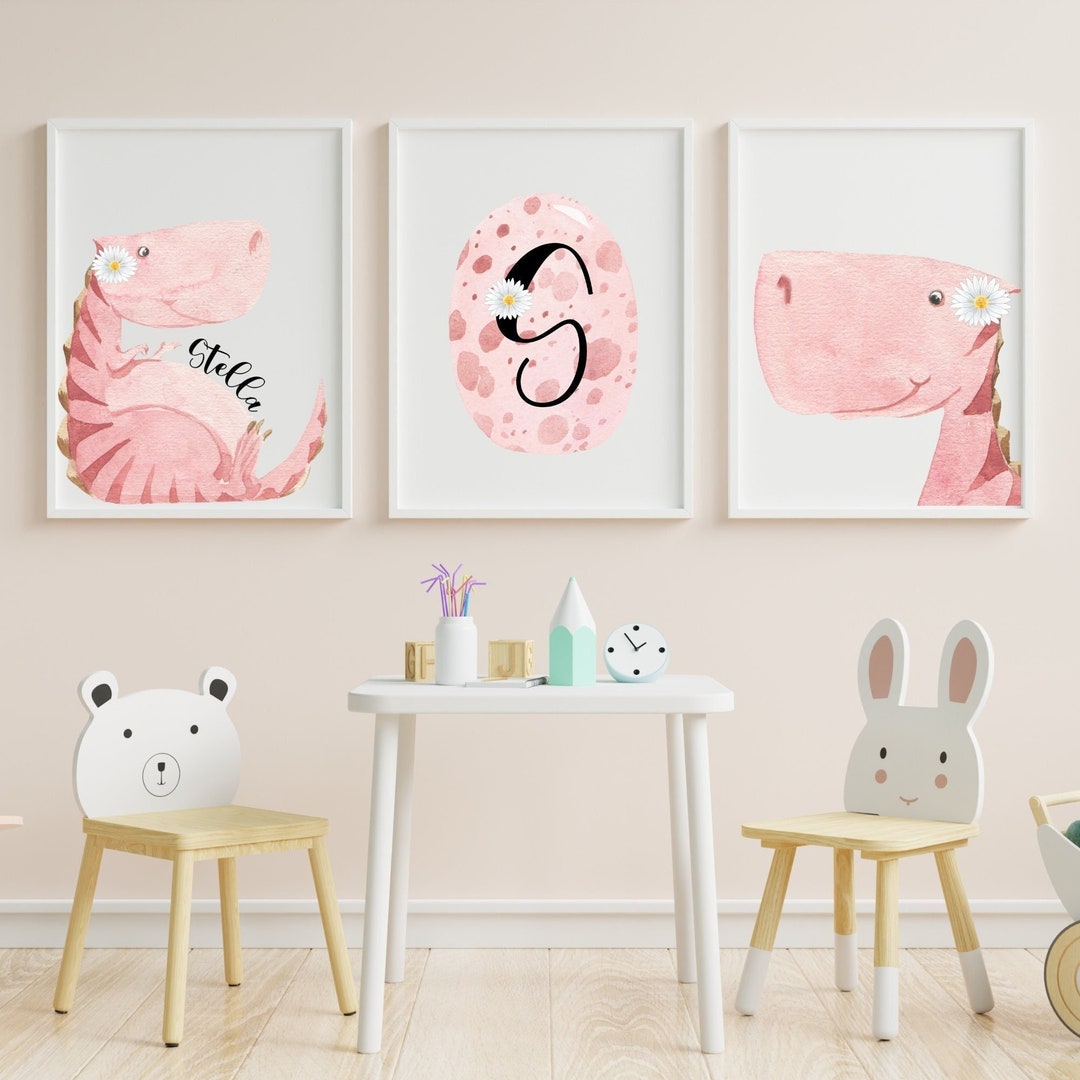 Personalized Pink Dinosaur Wall Art Set of 3 Prints Printed Etsy