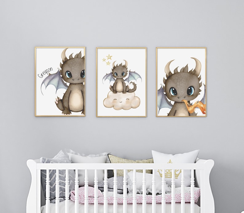 Personalized Cute Dragon Watercolor Wall Art Set of 3 Prints ...