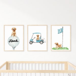 Personalized Golden Retriever Puppy Golf wall art set of 3 prints, Custom Golf Golden Retriever Puppy wall art set, Golf Nursery Wall Art