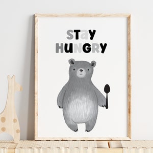 Stay Hungry Woodland Bear Nursery wall art print, boho bear nursery wall art, boho bear kids wall art, black white gray boho wall art print