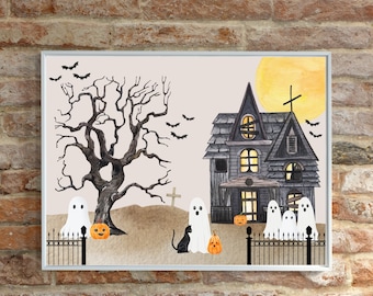 May include: A watercolor illustration of a spooky Halloween scene with a haunted house, a bare tree, and ghosts. The house is gray with white windows and a black door. The tree is brown with bare branches. The ghosts are white and have a friendly expression. There are pumpkins and a black cat in the scene.