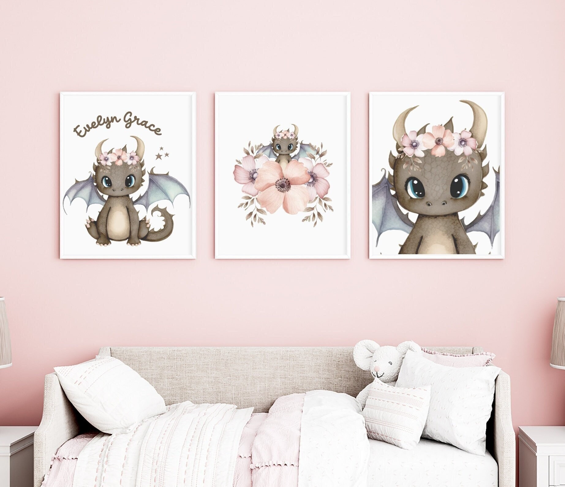 Personalized Pink Floral Dragon Watercolor Wall Art Set of 3 Prints ...