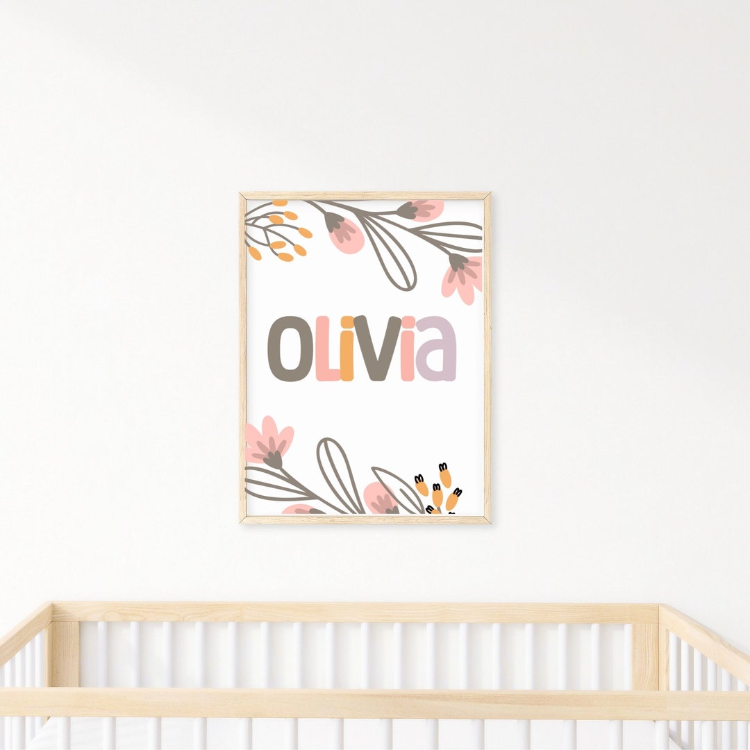 Personalized Boho Floral Nursery Wall Art Print, Custom Floral Wall Art ...