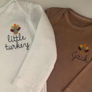 Little Turkey baby embroidered ONESIES® brand bodysuit, Thanksgiving baby bodysuit, hand dyed brown bodysuit, personalized turkey bodysuit
