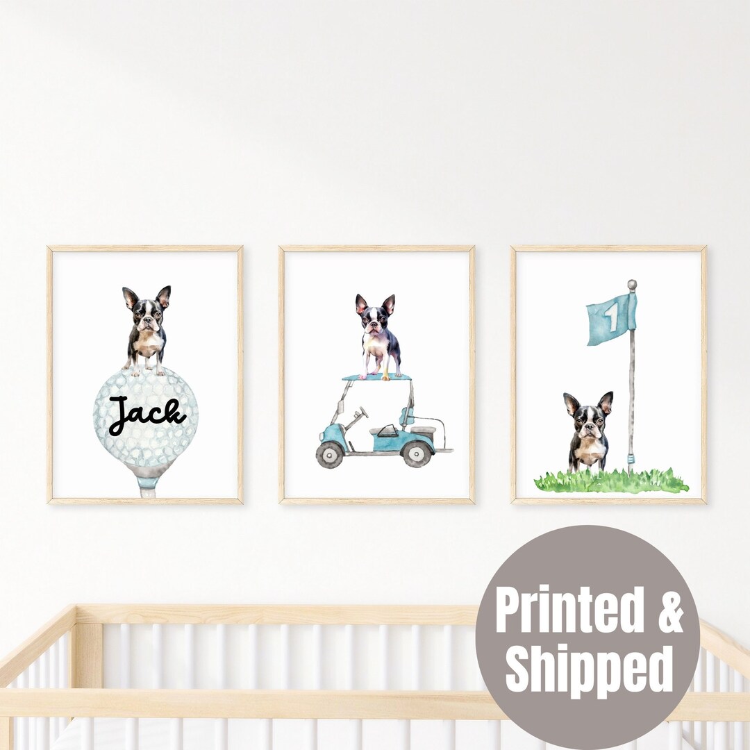 Personalized Boston Terrier Golf Wall Art Set of 3 Prints, Custom Golf