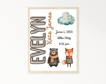 Personalized Woodland Animal Baby birth stats nursery art print, Forest Animals Birth Announcement nursery wall art with name, nursery sign