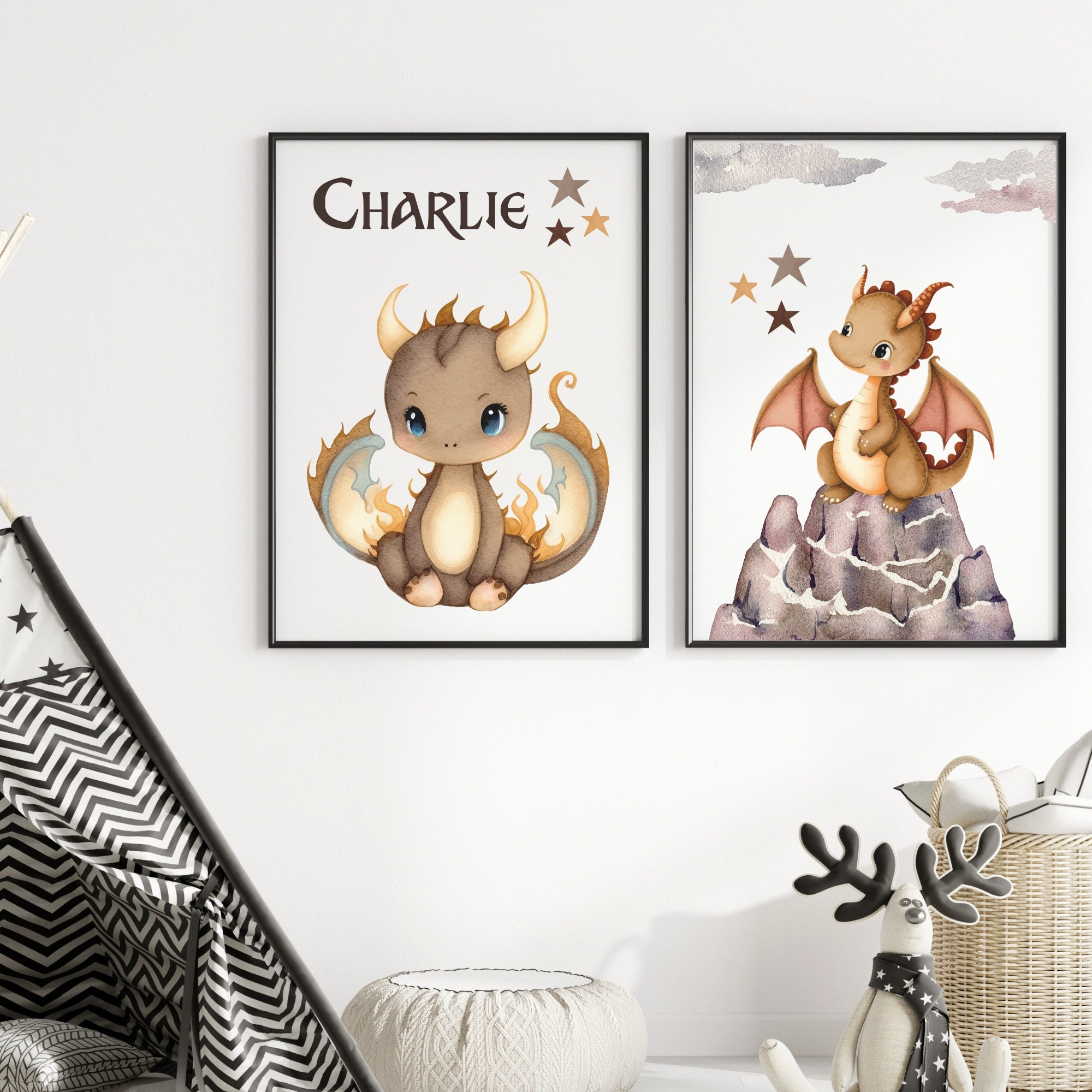Personalized Dragon Wall Art Set of 2 Prints, Personalized Nursery Wall ...