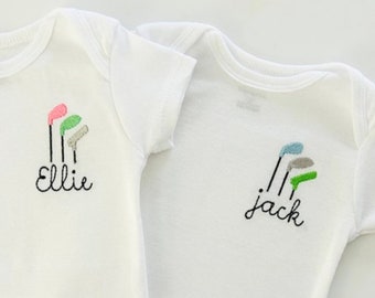 Baby girls or boys embroidered personalized golf ONESIES® Brand bodysuit, golf clubs baby bodysuit, golf baby bodysuit, golf baby gift